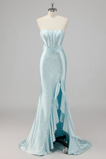 Robe De Soirée bleue perlée sirène sans bretelles